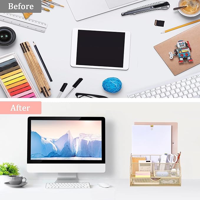 Gold Desk Organizers and Accessories, Gold Office Supplies with Mesh Desk Organizer, Acrylic Tape Dispenser and Stapler, Staples, Ballpoint Pen, Clips Set, Ruler, Scissor, Sticky Labels