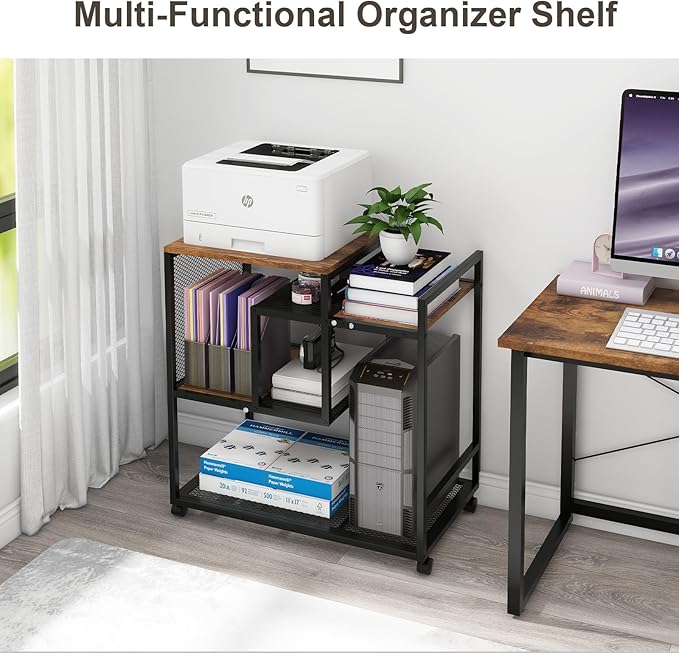 Natwind Mobile Printer Stand with Wheels,Computer Host Cart,PC Tower Stand, Multi-Functional Organizer Shelf for Shredder, Scanner, CPU,File Papers and Other Office Supplies (White)