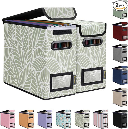 BALEINE File Organizer Box with Lid, Collapsible File Folder Organizer with Plastic Slide, Hanging File Folder Box for Office Document Storage (2 Pack, Antique Foliage, S)