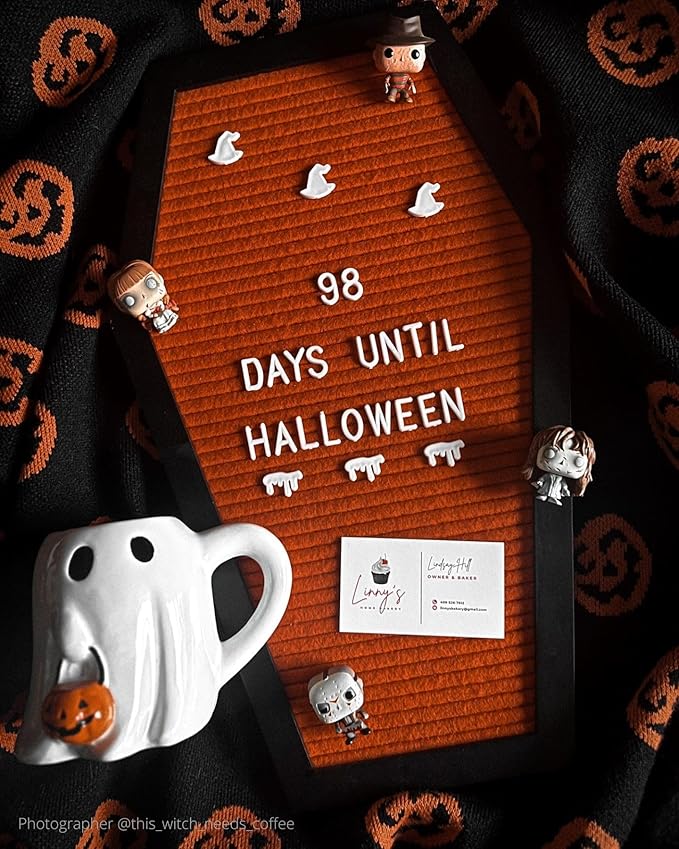 Coffin Letter Board Orange With Spooky Emojis +500 Characters, and Wooden Stand - 17x10.5 Inches - Gothic Halloween Decor Spooky Gifts Decorations