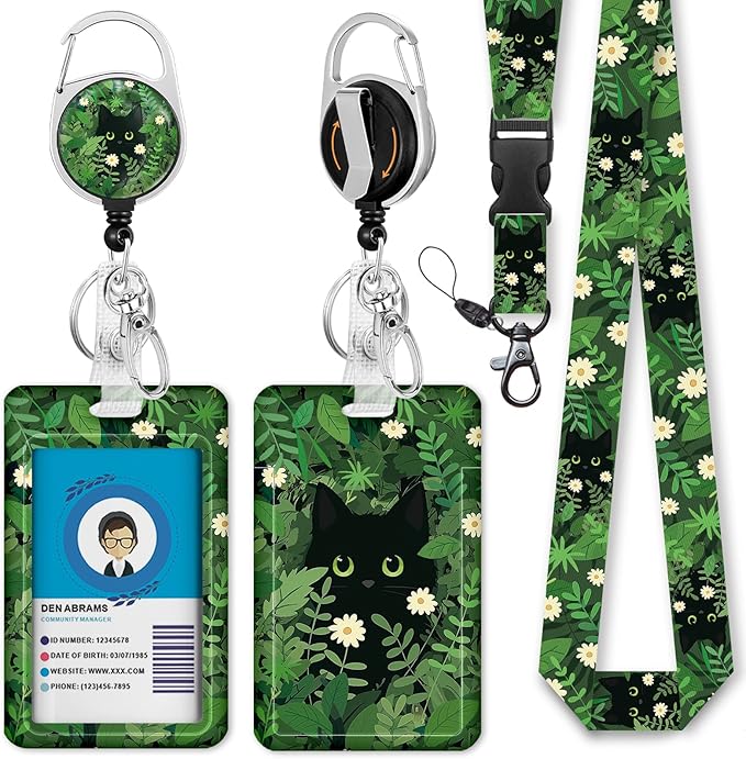 Giancomics Lanyards for Id Badges, Black Cat ID Badge Holder with Lanyard Badge Reel Retractable, Plant Lanyard with ID Holder Keychain Clip Name Tag Cute ID Card Holder for Teacher Women Work Office