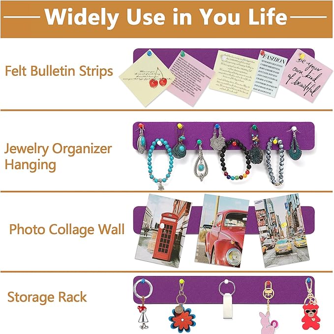 Felt Pin Board Bar Strips Bulletin Board for Bedrooms Offices Home Wall Decoration, Notice Board Self Adhesive Cork Board with 35 Push Pins for Paste Notes, Photos, Schedules (Purple)