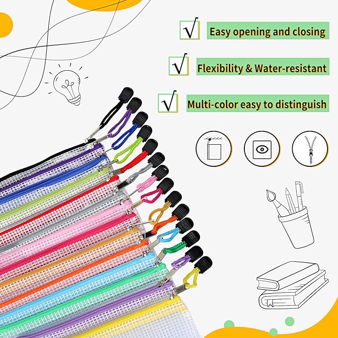 EOOUT 14pcs Zipper Pouches for Organizing, Mesh Zipper Pouch Bags, 8 Sizes 14 Colors Waterproof Mesh Bags with Zipper, for Travel Storage, School Supplies, Office Appliances and Home Organize