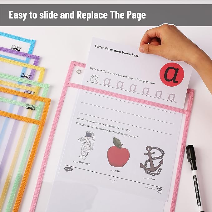 Mr. Pen Pocket Sleeves - 10x14 Inch, Pack of 24 - Colorful, Reusable, Clear Plastic Sleeves for Dry Erase Sheets