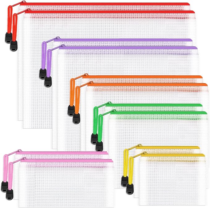Umriox Zipper Bags, 6 Assorted Size (6 Colors, 12 Packs), Project Bags for Cross Stitch, Mesh Zipper Pouch for Office Supplies Travel Accessories and Board Games Storage