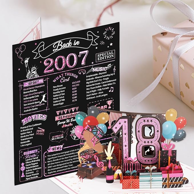 18th Birthday Card for Girls Her, Jumbo 3D Pop Up Sweet 18th Birthday Gifts Cards, Back In 2007 Happy 18 Year Old Birthday Decorations Cards Card for Daughter Granddaughter, Rose Gold