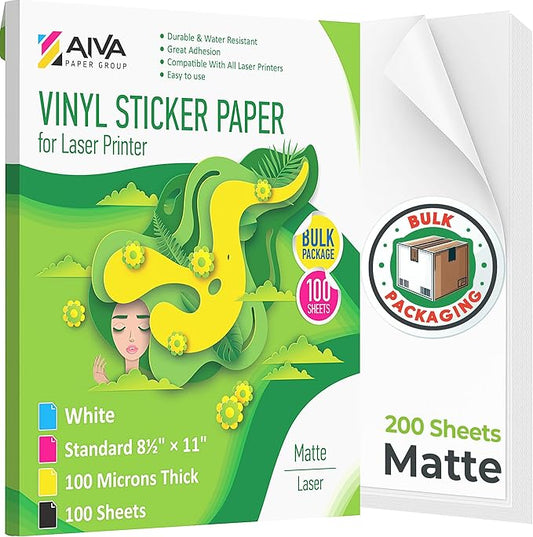 Printable Vinyl Sticker Paper for Laser Printer - Matte White - 200 Self-Adhesive Sheets - Waterproof Decal Paper - Standard Letter Size 8.5"x11"