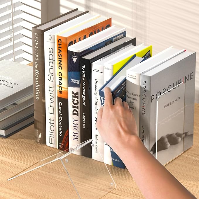 Acrylic Bookends 4 Pcs, Clear Book Ends for Shelves, Transparent Bookend Organizer, Book Holder Stand Decorative, Book Stoppers for Heavy Duty Books, CD, File, Video Games