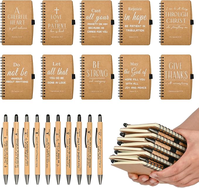 INSADA Christian Prayer Journal Spiral Notebooks Bulk with Pens - Small Notepads (4.13”x5.43”) - Easter Gifts for Women men,Church Members & Bible Study Groups (30 sets Brown)