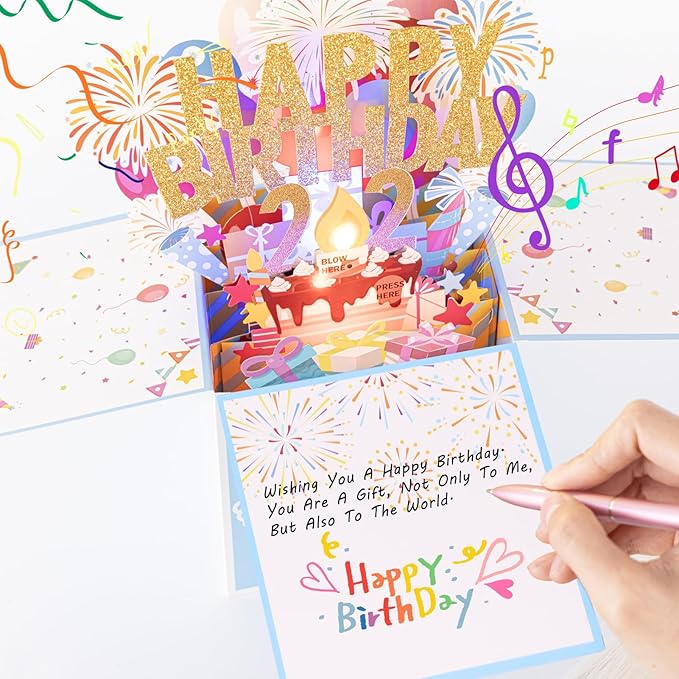 Tnvee 22TH Birthday Cards with Lights & Music & Candle, 3D Pop Up Singing Happy Birthday Greeting Cards Gfits for 22 Years Old Girl Boy Friends