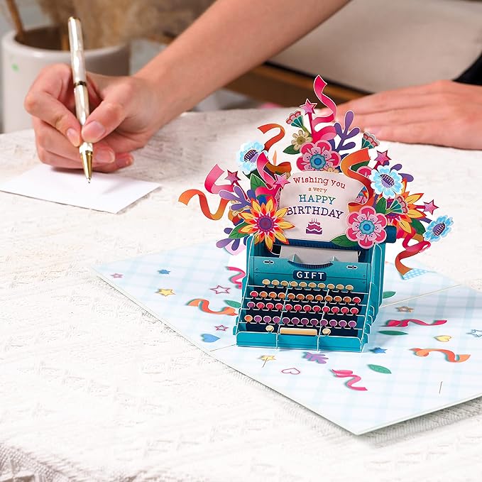 Paper Love Birthday Pop Up Card, Happy Birthday Typewriter, For Adults or Kids - 5"x7" Cover - Includes Envelope and Note Tag