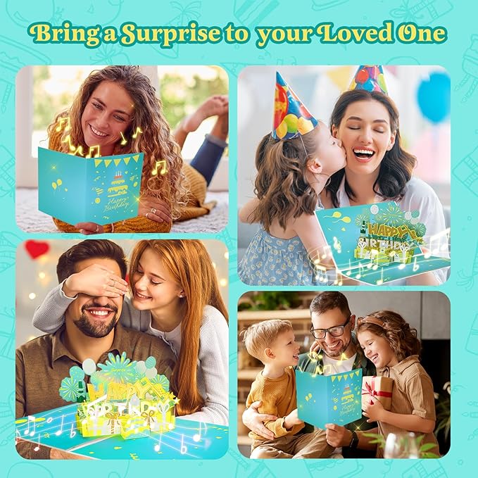 Elegant 3D Pop-Up Birthday Card with LED Lights – Blowable Candle & Music Greeting Card for Women, Mom, Daughter Green Gold