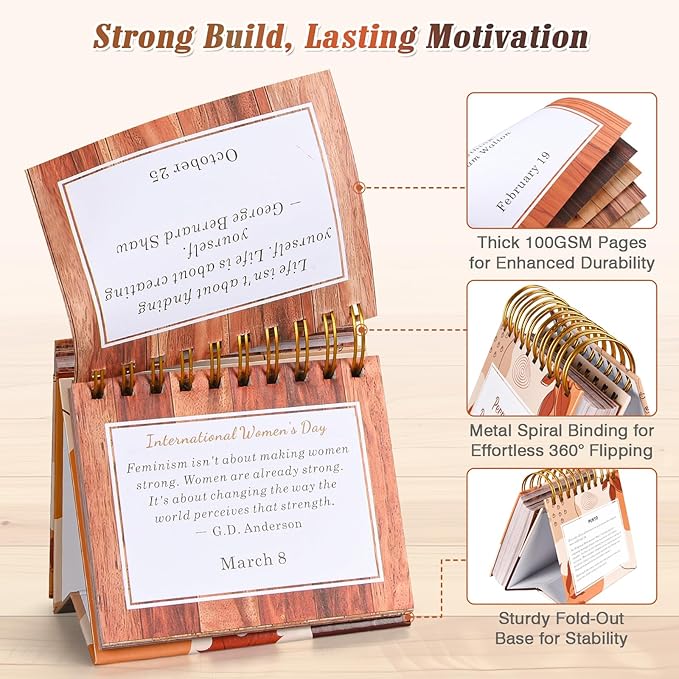 Motivational Calendar, Daily Flip Calendar with Inspirational Quotes, Perpetual Desk Calendar, Inspirational Gifts for Women, Positive Office Decor for Women, Desk Accessories for Women Men,Wood Grain