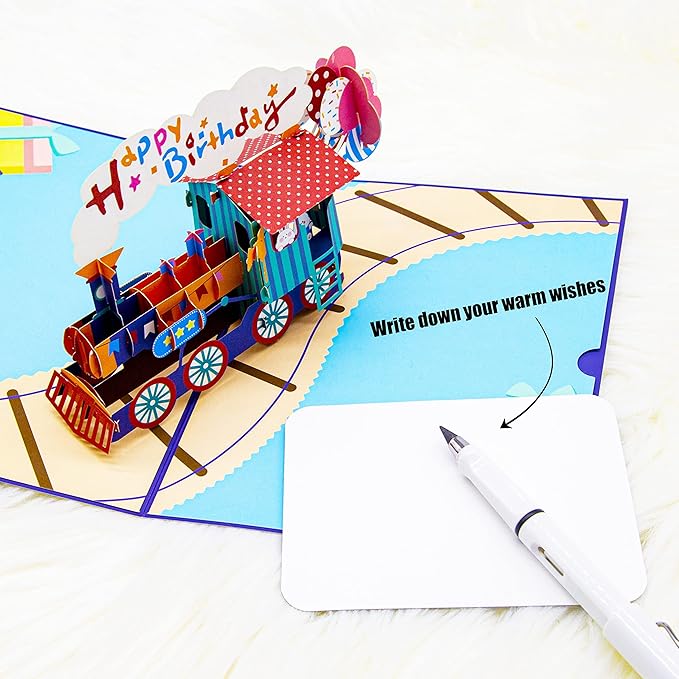 Happy Birthday Train Pop Up Card, 3D Cartoon Train Popup Birthday Gift Cards with Envelope for Father, Kids, Girls, Boys, Daughter, Son, Granddaughter, Grandson, Friend