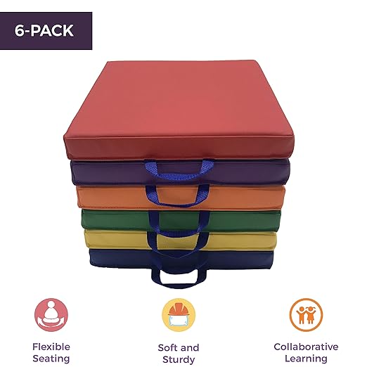 Factory Direct Partners SoftScape 15 inch Square Classroom Floor Cushions with Handles; Flexible Seating for Daycare, Preschool, Playroom; 2 inch Thick Deluxe Foam (6-Piece) - Assorted, 12228-AS