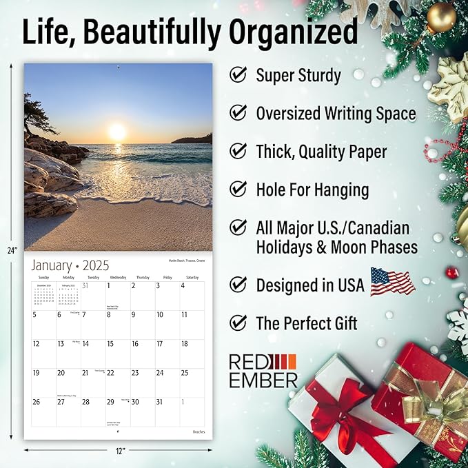 RED EMBER Untamed & Beautiful Beaches 2025 Wall Calendar 12 Month | 12" x 24" Open | Thick & Sturdy Paper | Giftable | Calendar 2025