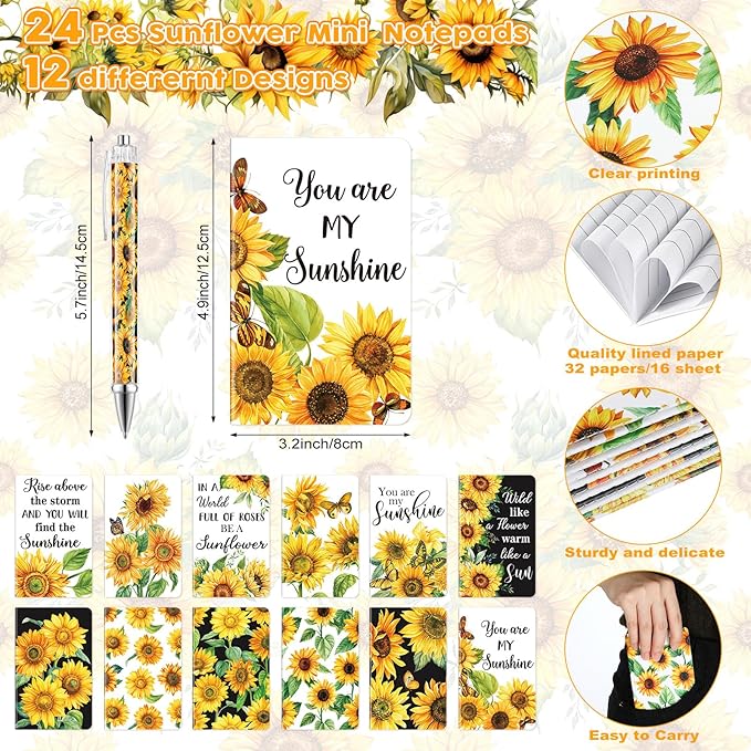 Pasimy 48 Pcs Sunflower Notebooks and Pen Set, Sunflower Mini Notepad Sunflower Party Ballpoint Pen Vintage Sunflower Gift Favor for Office Home Summer Sunflower Birthday Party Gift Supplies Decor