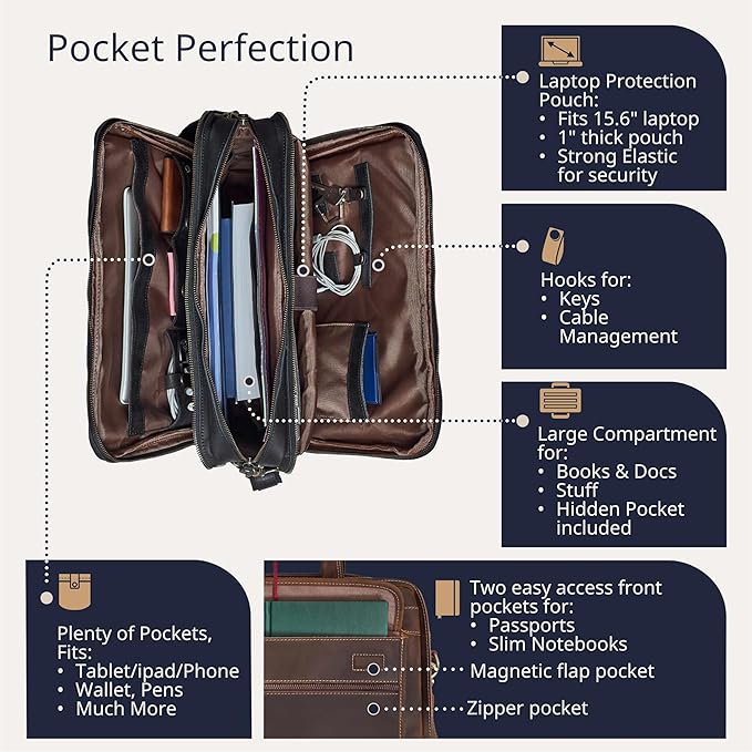 Luxorro Full Grain Leather Briefcase for Men, Top Choice Gifts for Men, Handcrafted Leather Laptop Bag with Multiple Compartments and Brass Hardware, Fits 15.6 Inch Laptop