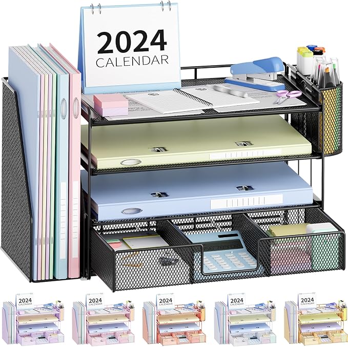 Desk Organizers and Accessories, Desk Accessories & Workspace Organizers for Office Supplies, File Organizer Desk Drawer Organizer with 2 Pen Holders, 4 Tier Paper Organizer for Desk(Black)