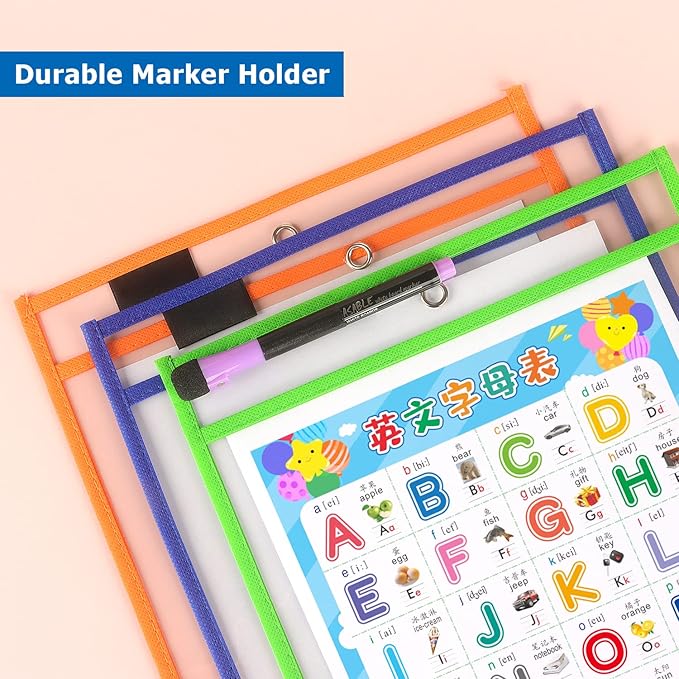 Tamaki 8 Pack Dry Erase Pockets with Rings, 10 x 14 Inch Ticket Holders Clear Plastic Sleeves Sheet Protectors for Teacher Classroom, 8 Assorted Colors