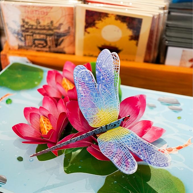 Dragonfly and Lotus Pop Up Card, Greeting Card for Various Occasions, Modern Floral Design, Perfect for Birthdays, Weddings, Get Well, Thinking of You, Mother's Day
