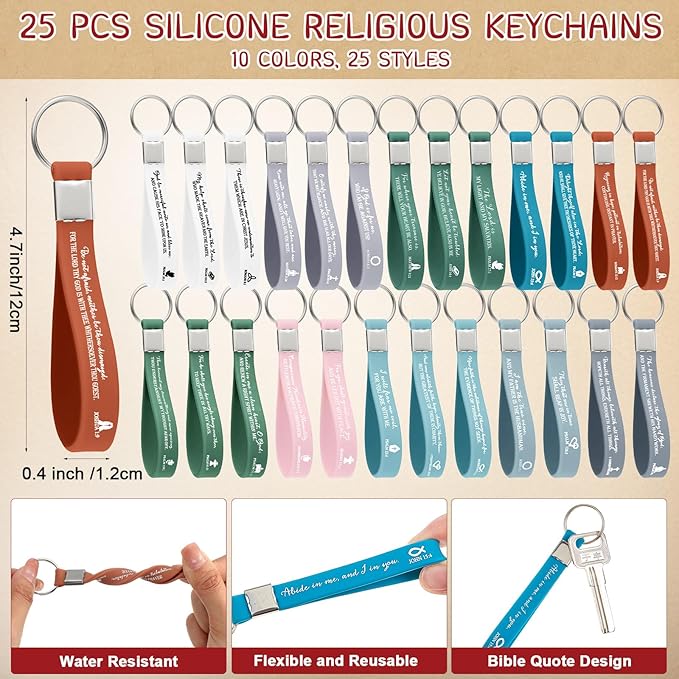 25 Sets Christmas Christian Church Gifts Bulk Bible Verse Plastic Gel Pen Religious Silicone Keychains Scripture Bookmark 2''x 6'' Emergency Numbers Bible Bookmarks Gift Pastor(Colorful)