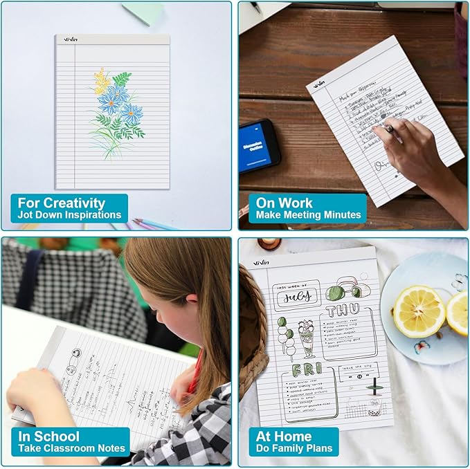 ViVin Legal Pads 8.5 x 11 Inch, Wide Ruled Note Pads, 6 Pack, 50 Sheet/Pad, Perforated Writing Pads, Notepads for Office Home School, 300 Sheets (6 Pack of 50), White Paper