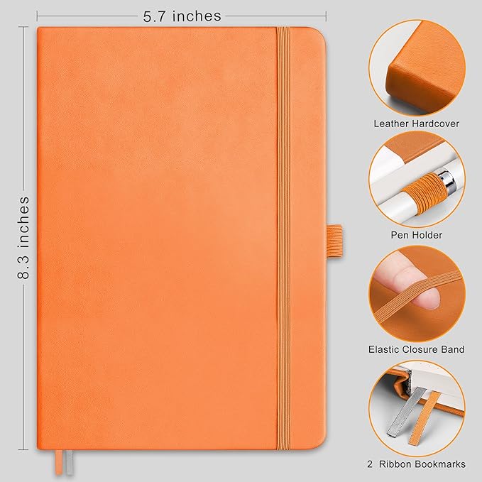 RETTACY Journaling Notebooks, A5 Lined Notebook Journal with 320 Numbered Pages, 5.7'' × 8.3'', Medium Size, Journal Notebook for Writing, Work, Leather Hardcover, 100 GSM Thick Paper (Orange)