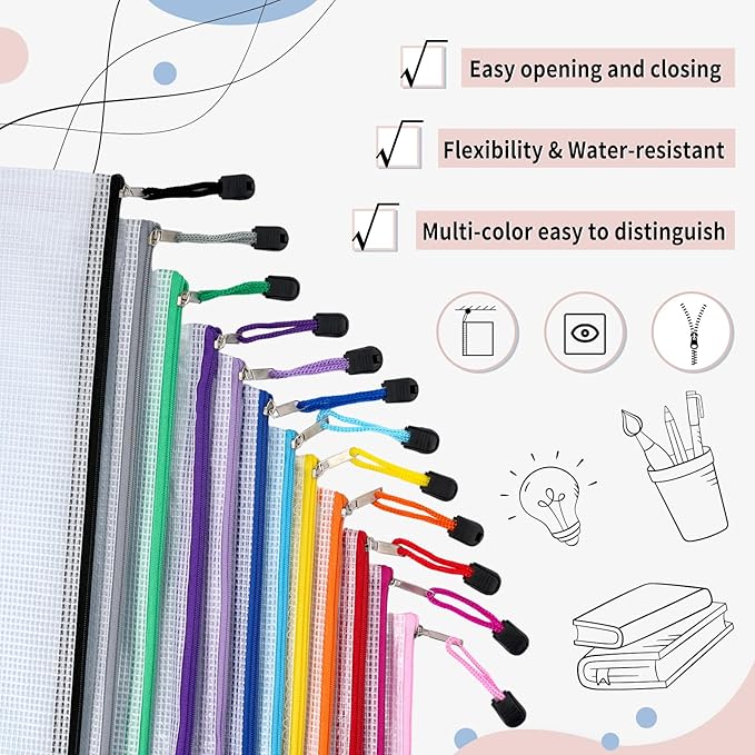 EOOUT 72pcs Mesh Zipper Pouch, A4 Size, 12 Colors Zipper Bags for Organizing Storage, Waterproof Puzzle Bag, Zipper File Bags for Board Games and School Office Supplies