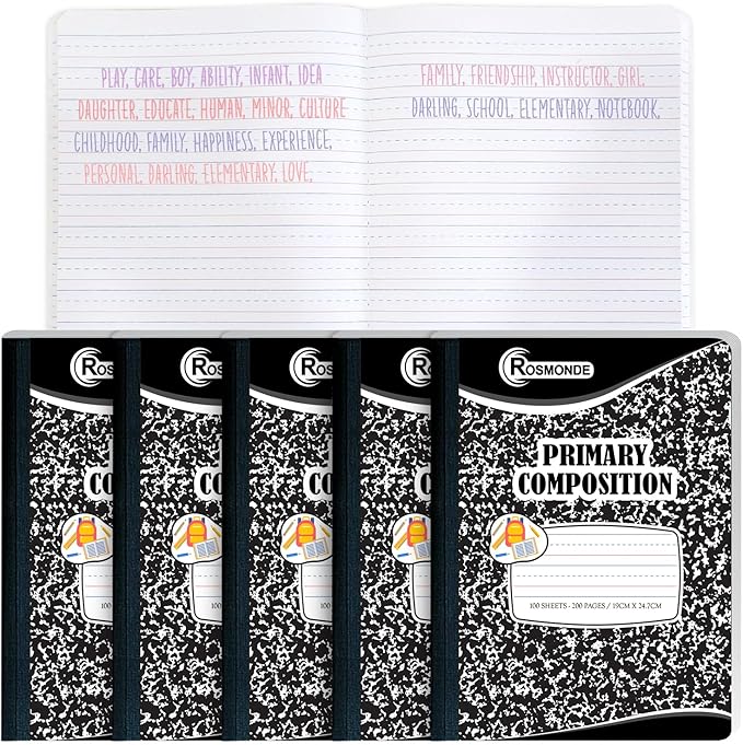 5 Pack Primary Composition Notebooks, 200 Pages (100 Sheets), Primary Ruled Composition Notebook for Kids, 9-3/4" x 7-1/2", Grades K-2 Writing Workbook, Writing Dotted Lined, Black Marble