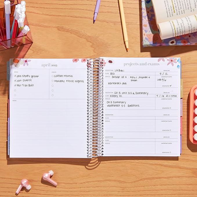 Erin Condren 12-Month Spiral Academic Planner (Jan 2025 - Dec 2025) | 7x9 School Agenda, Notebook and Calendar | 80 Lb. Text Weight Paper | Groovy Waves Cover and Floral Interior, Platinum Coil