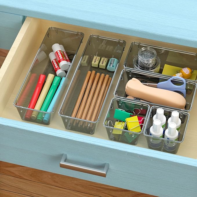 WOWBOX 6 Pack Clear Drawer Organizer Set, Acrylic Drawer Storage Trays, Storage Bins for Makeup, Cosmetics, Jewelries, Utensils, Gadgets, Office, Black