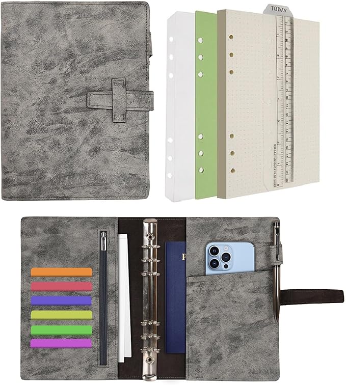 Wonderpool Leather Journal Refillable Binder A5 Writing Notebook Folder Organiser with Dotted Paper & Multi Pockets Cover for Business School Travel (A5, Grey)