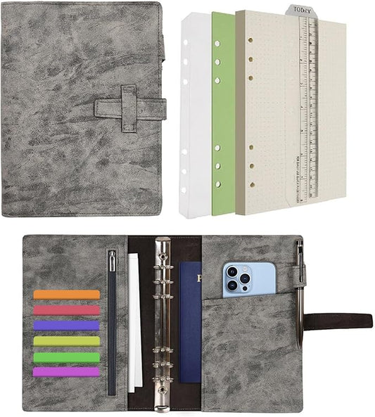 Wonderpool Leather Journal Refillable Binder A5 Writing Notebook Folder Organiser with Dotted Paper & Multi Pockets Cover for Business School Travel (A5, Grey)