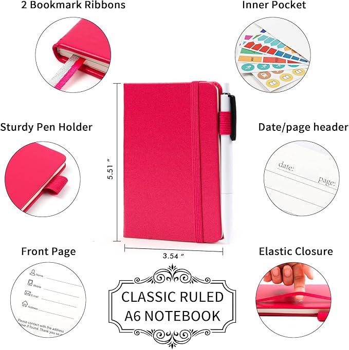 feela 15 Pack Pocket Small Notebooks Bulk, Mini Cute Memo Notepads Hardcover College Ruled Lined Journals with Pen Holder for Women Girls Office School, with 15 Black Pens, 3.5”x 5.5”, A6, Berry
