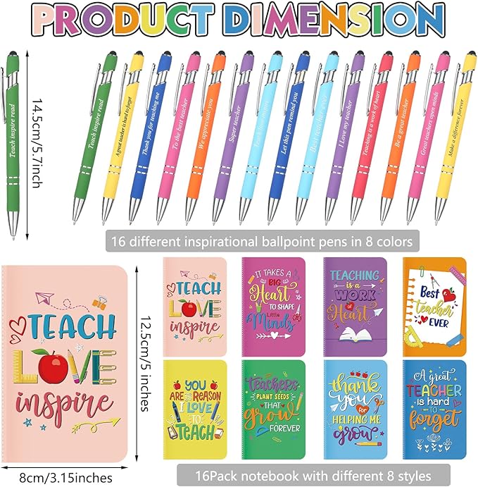 Funrous 32 Pcs Motivational Quote Pens Inspirational Notepads Mini Journal with Ballpoint Pen Small Notebooks Gift Set for Men Women Coworkers, Adult Party Favors Prizes Gift Bulk(Teacher)