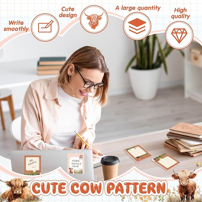 Sabary 9 Pads Sticky Notes 3.15 x 3.94 Inches Cute Self Sticky Note Pads Colored Adhesive Notepad for Memo Reminder Journal Studying Office Home Gift(Highland Cow)