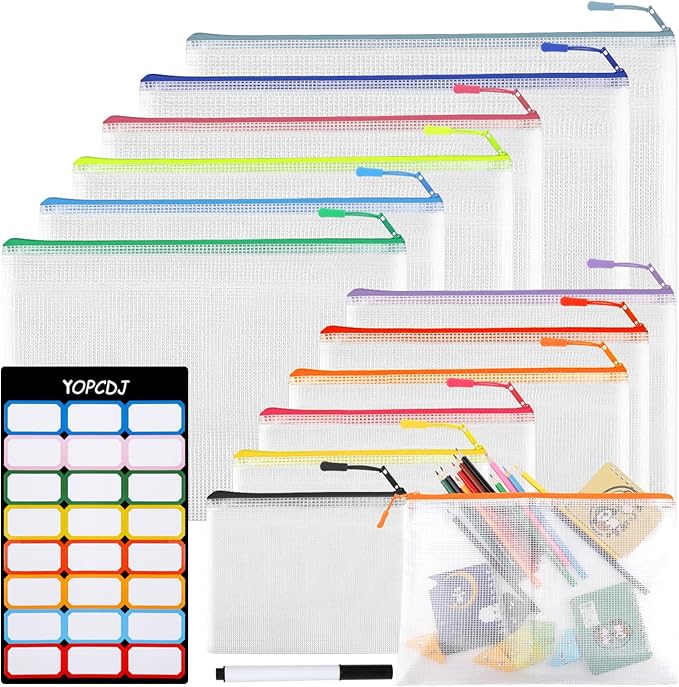 12pcs Mesh Zipper Pouch Bags,Puzzle Bag for Organizing, 12 Color 8 Size Classroom Must Have Storage Bag, Bags for School, Board Games and Office Supplies