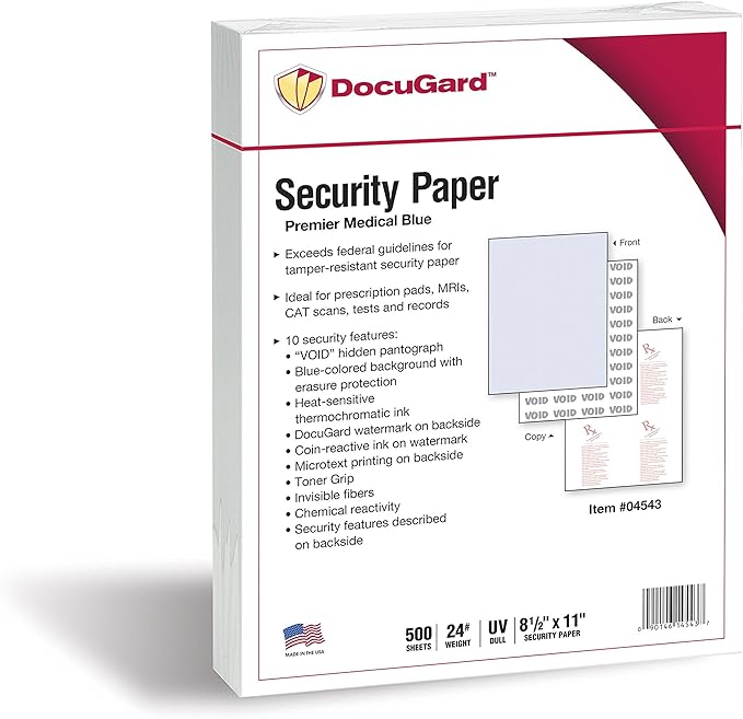 DocuGard Premier Medical Security Paper for Printing Prescriptions and Preventing Fraud, CMS Approved, 10 Security Features, Laser and Inkjet Safe, Blue, 8.5 x 11, 24 lb., 500 Sheets (04543)