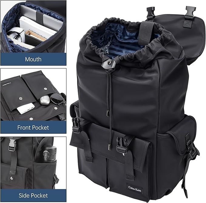 Black backpack men,16 inch laptop backpack for men, drawstring anti-theft waterproof tech backpack with laptop compartment. Large 30 L