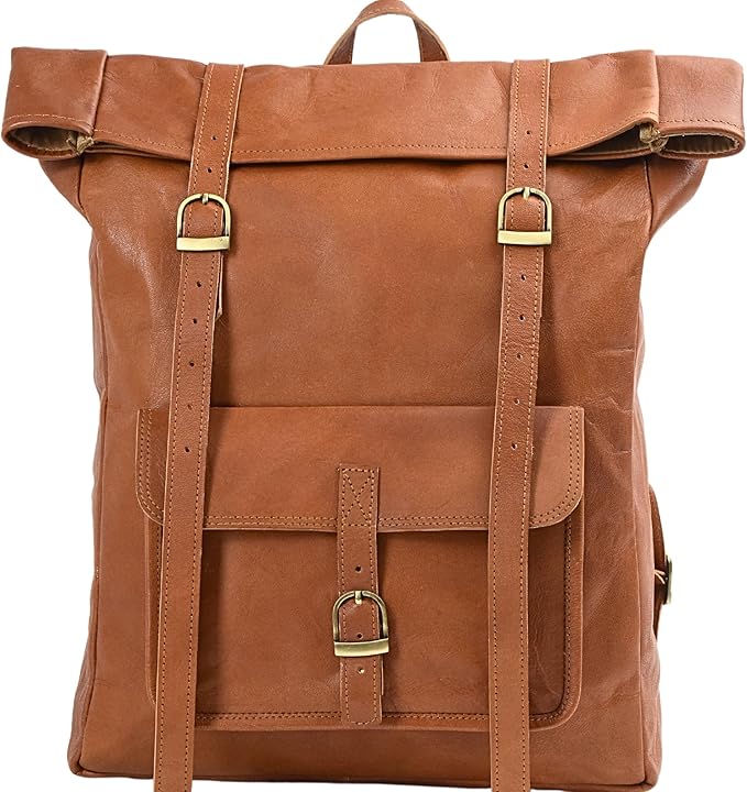 Genuine Leather Backpack for Men - 17.3 Inch Laptop - Designer Roll-top bookbag - Vintage Fashion rucksack back pack for work & travel, X-Large Tan (Brown)