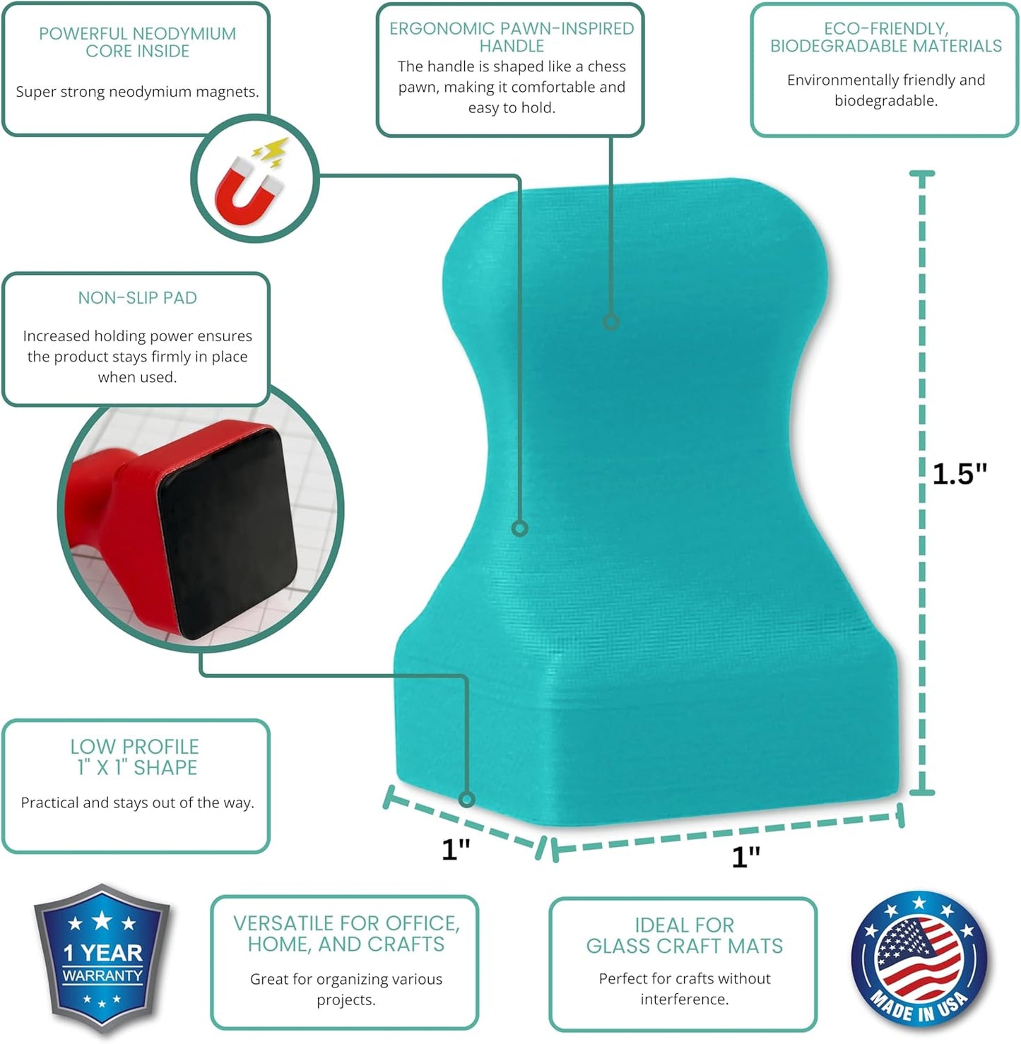 Glassboard Studio MiniBar Magnet - Strong Neodymium Rare Earth Magnets for Fridge, Whiteboard, Locker & Magnetic Glassboards - Crafting & Office Use - Strong Fridge Magnets (Seaside Teal Pawn, 2)