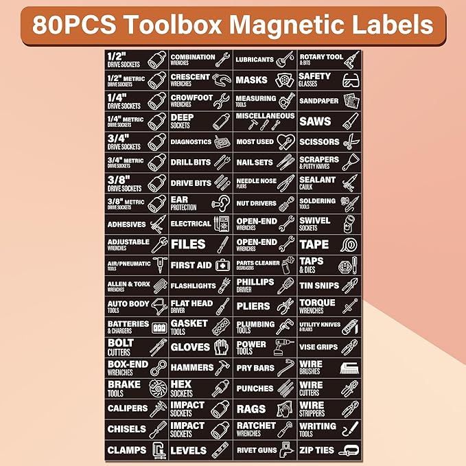 Toolbox Organization Magnetic Labels 80 Pcs, Tool Organizer Icon Labels with Strong Magnets, Toolbox Widget Stickers Accessories, Fits All Brands of Steel Tool Chest Organizer, 3" x 1"