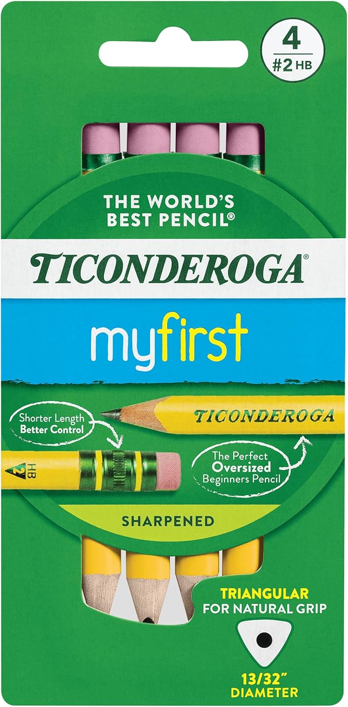 Ticonderoga My First Short Triangular Wood-Cased Pencils, 2 HB Soft, With Erasers, Yellow, 4 Count Pencil Bundle With Erasers, Pencil Shaped, Latex-Free, Yellow, 3-Pack