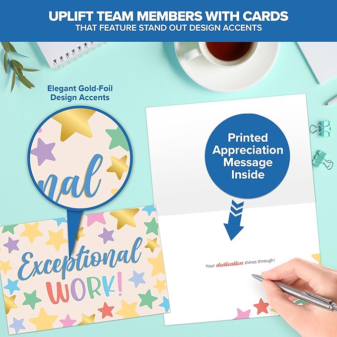 Decorably 24 Pack Gold-Foiled 6x4in Employee Appreciation Cards with Envelopes and Stickers, 8 Festive Designs Employee Thank You Cards, Blank Inside - Office Party