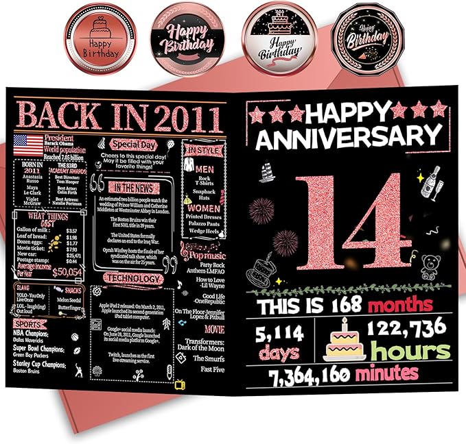 Joycard 14th Anniversary Card for Women, Wedding Card for Wife, Sweet Marriage Decorations Gifts for Couple, Perfect for Her on Anniversary Day, Back in 2011