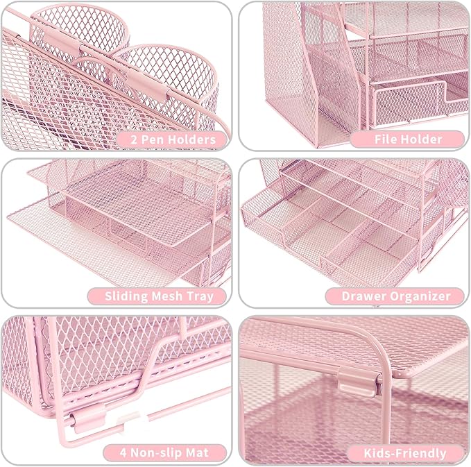 Desk Organizers and Accessories, Desk Accessories & Workspace Organizers for Office Supplies, File Organizer Desk Drawer Organizer with 2 Pen Holders, 4 Tier Paper Organizer for Desk(Rose Pink)