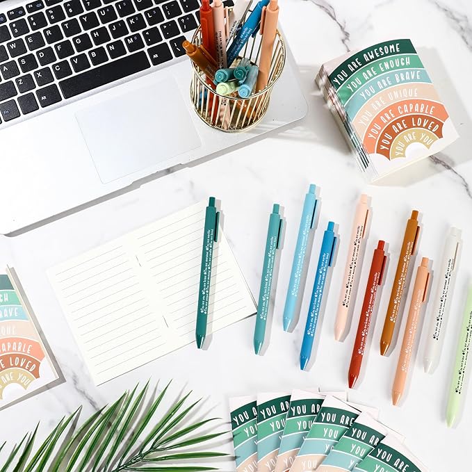 Janlaugh 200 Pcs Positive Affirmations Reminder Notepad Motivational Pen Positive Psychology Pocket Notebooks with Colored Ballpoint for Volunteer Week Mental Health Therapy Teacher Student Classroom