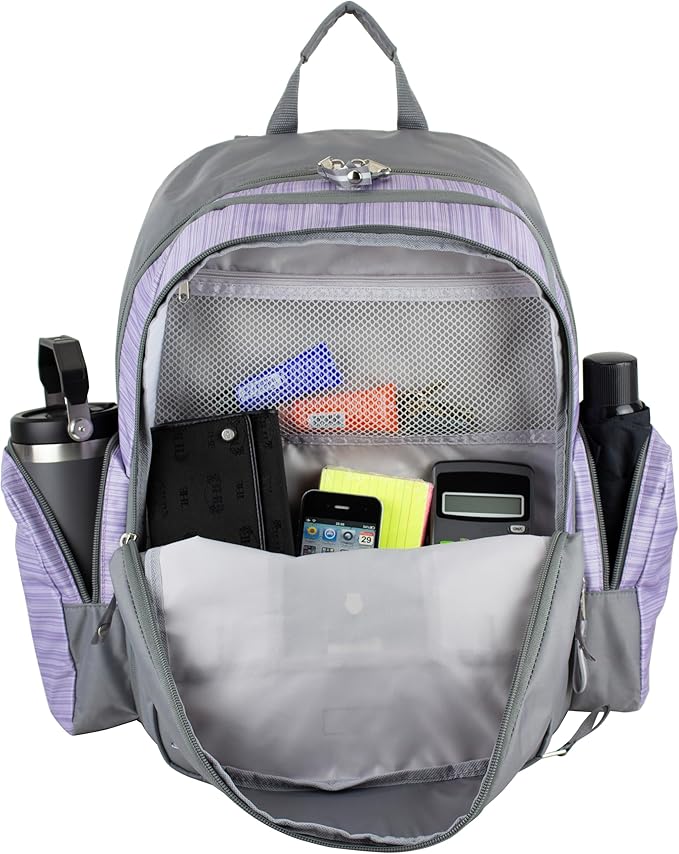 Eastsport Extra Large Backpack Expandable Oversized For Travel Hiking Work Camping Sports Outdoors With Drawstring Bag 18x13.5x9.5 Mochila De Viaje Lilac Stripes