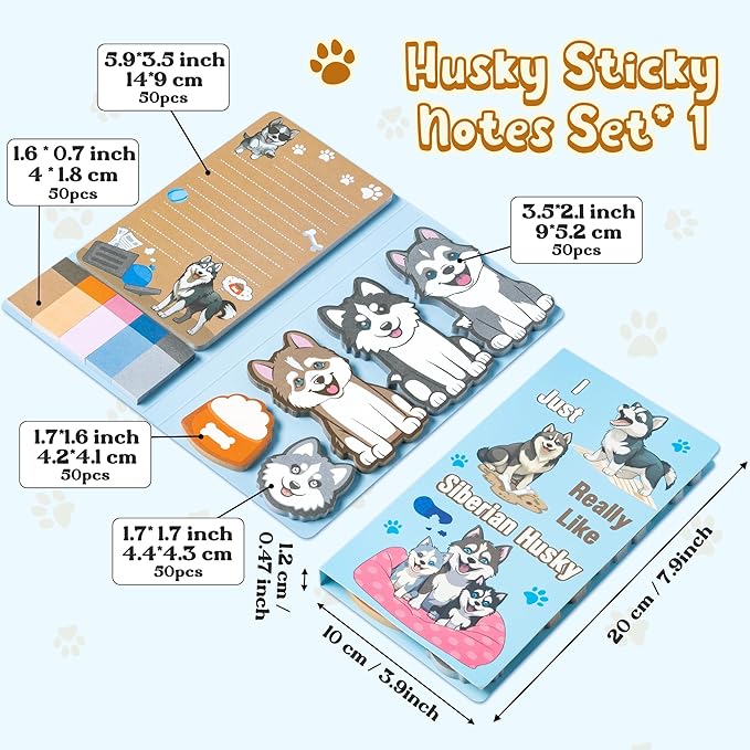 I Just Really Like Siberian Husky Sticky Notes Set, 550 Sheets, Cute Husky Self-Stick Notes Pads Animal Divider Tabs Bundle Writing Memo Pads Page Marker Back to School Office Supplies Gift